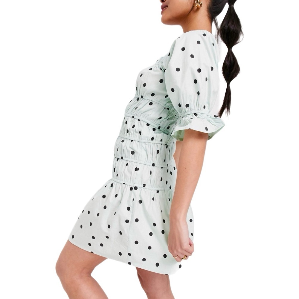 Influence Cotton Poplin Polka Dot Mini Tea Party Dress Shirring Mint Green Sz 8 - Picture 5 of 14